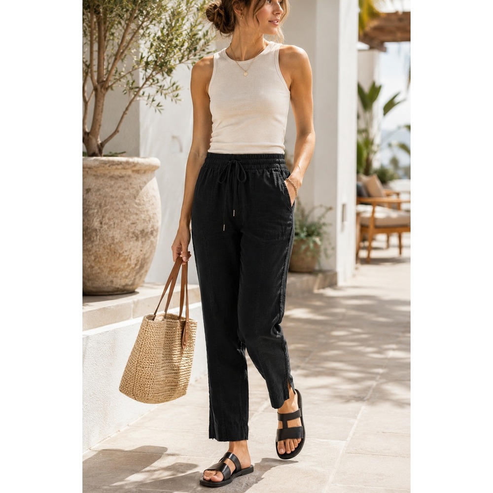 Athleta Retreat Linen High Rise Ankle Pull-On Pants Black Drawstring Travel XS